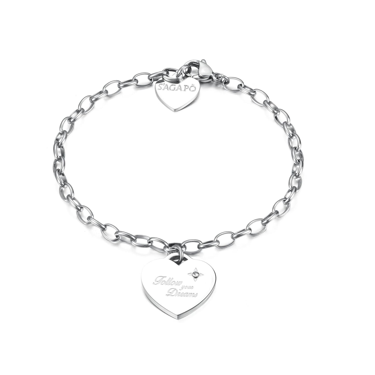 Bracciale Sagapò Be My Always Bracciale In Acciaio Con Charm Cuore Con Cristallo "Follow Your Dreams/Dream"