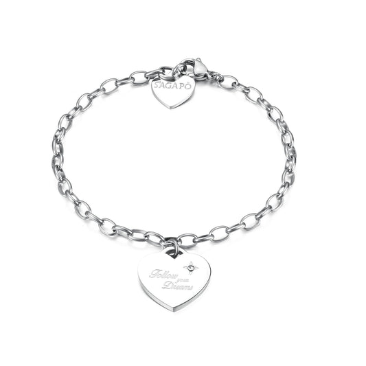 Bracciale Sagapò Be My Always Bracciale In Acciaio Con Charm Cuore Con Cristallo "Follow Your Dreams/Dream"