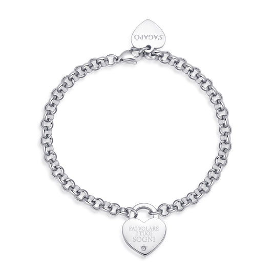 Bracciale Sagapò Be My Always Bracciale In Acciaio Maglia Rolo' Con Charm Cuore Con Scritta "Fai Volare I Tuoi Sogni"