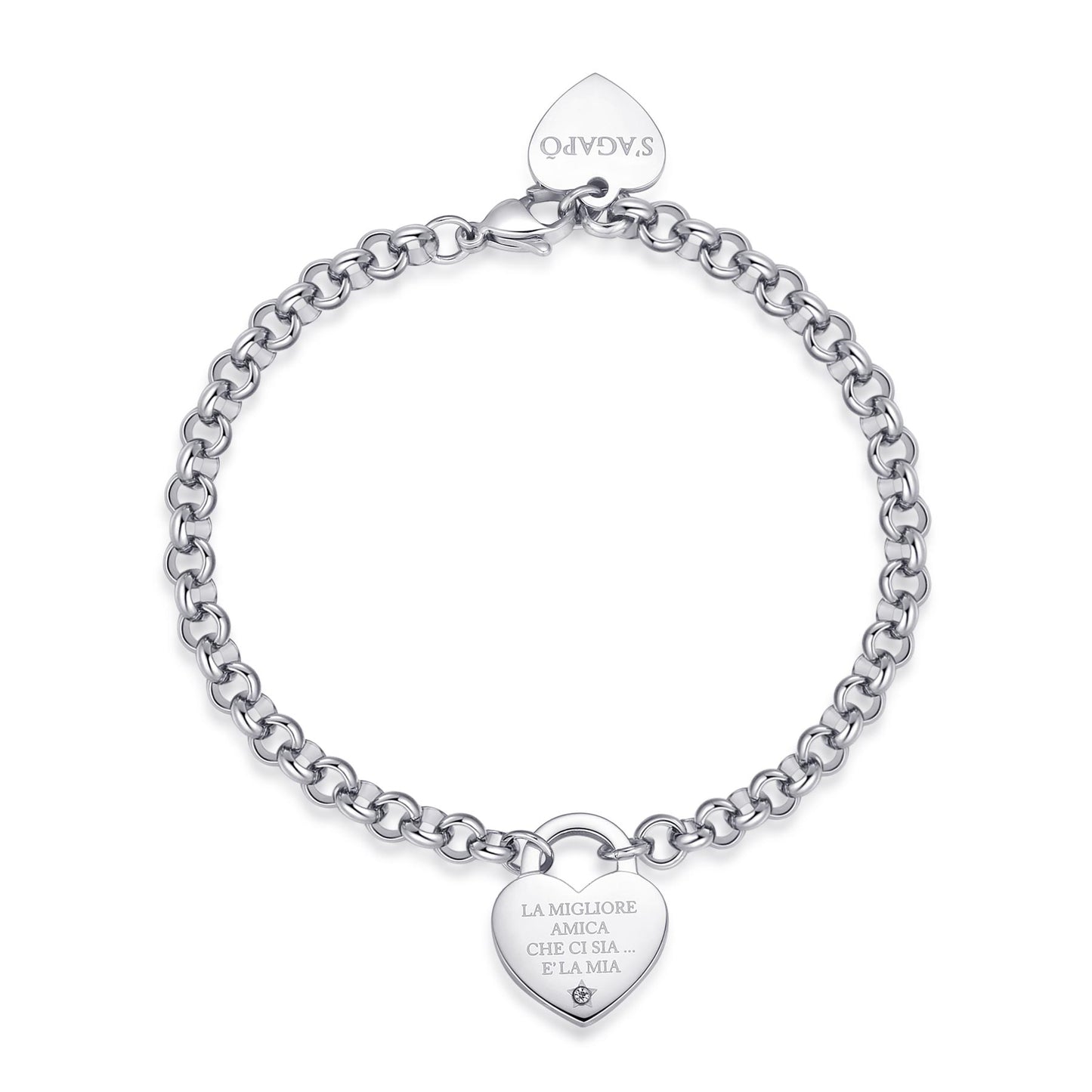 Bracciale Sagapò Be My Always Bracciale In Acciaio Maglia Rolo' Con Charm Cuore Con Scritta "La Migliore Amica Che Ci Sia...e' La Mia"