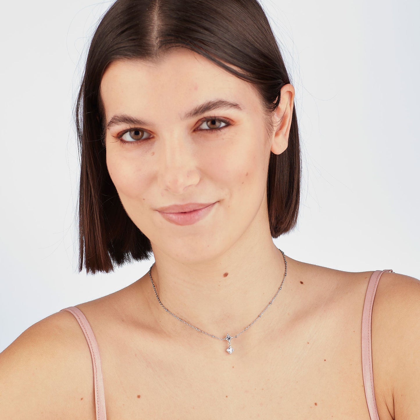 Collana Sagapò Luce Acciaio Pendente Doppio Rombo Cristalli Quadrati