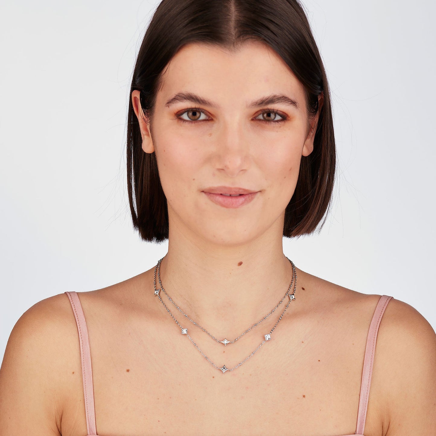 Collana 2 Fili Sagapò Luce Acciaio Cristalli Quadrati e Rombi