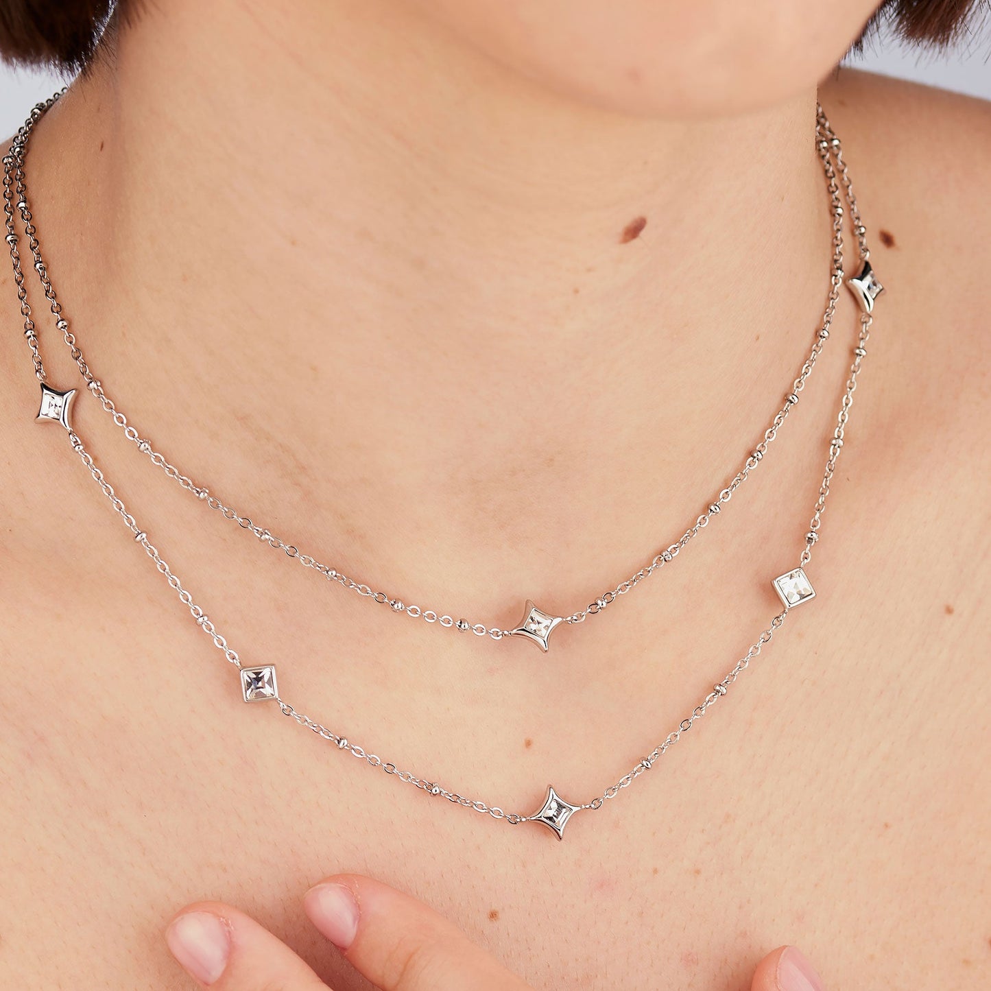 Collana 2 Fili Sagapò Luce Acciaio Cristalli Quadrati e Rombi