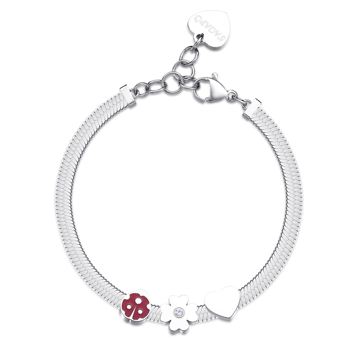 Bracciale Sagapò Click Bracciale In Acciaio Maglia Serpentina Piatta Con Cuore Quadrifoglio Con Cristallo e Coccinella