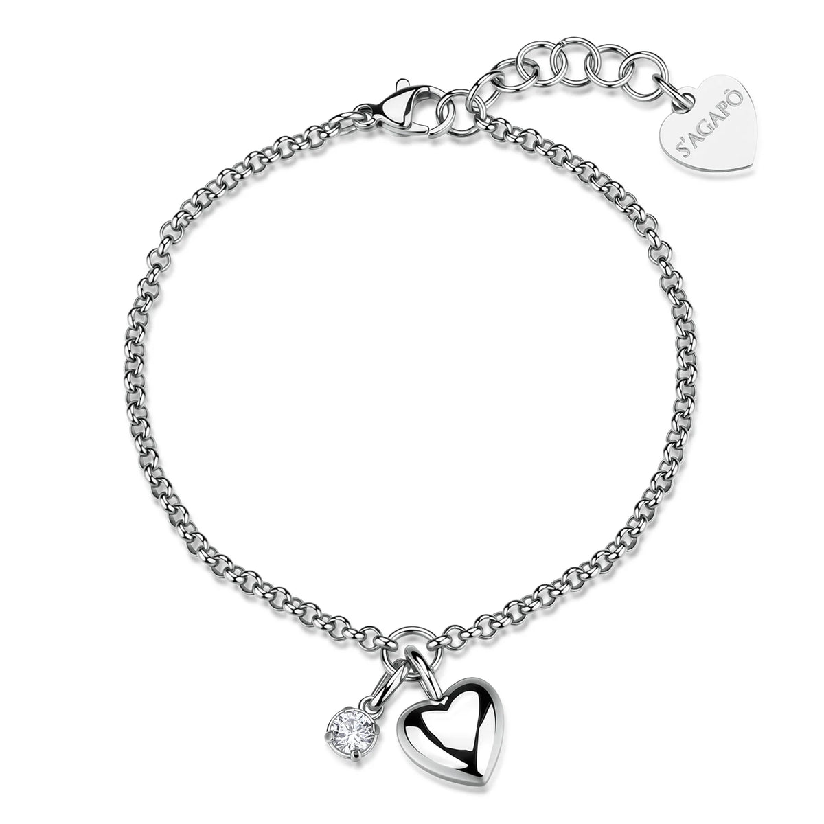 Bracciale Sagapò Click Acciaio Catena A Maglia Rolò Con Doppio Pendente Cuore/Cubic Zirconia
