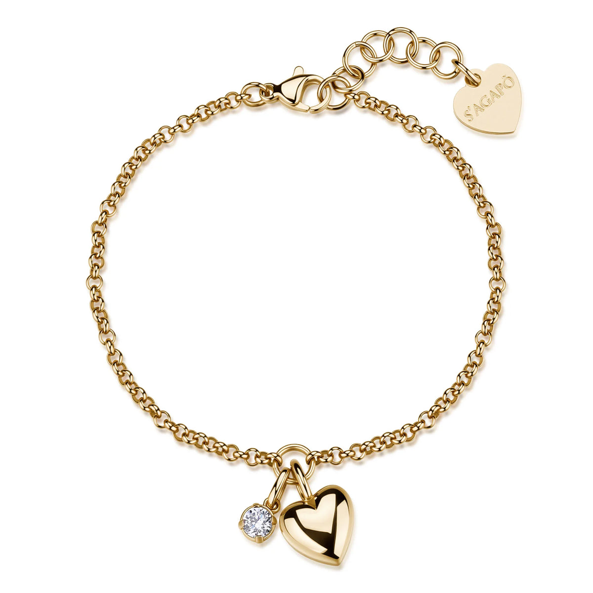 Bracciale Sagapò Click Acciaio Pvd Oro Catena Maglia Rolò Doppio Pendente Cuore/Cubic Zirconia