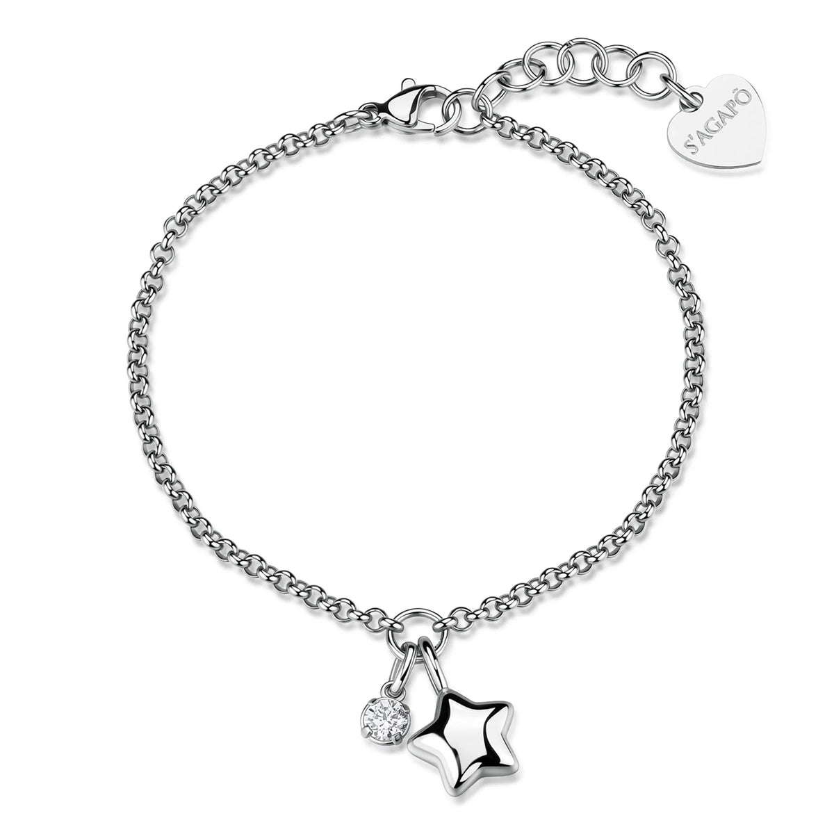 Bracciale Sagapò Click Acciaio Catena Maglia Rolò Doppio Pendente Stella/Cubic Zirconia
