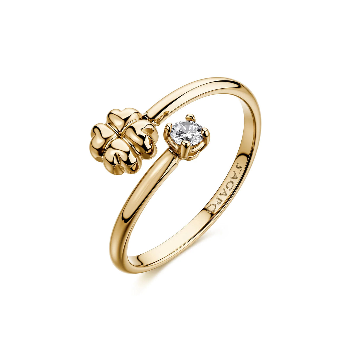 Anello Solitario Regolabile Sagapò Click Acciaio Pvd Oro Con Quadrifoglio E Cubic Zirconia