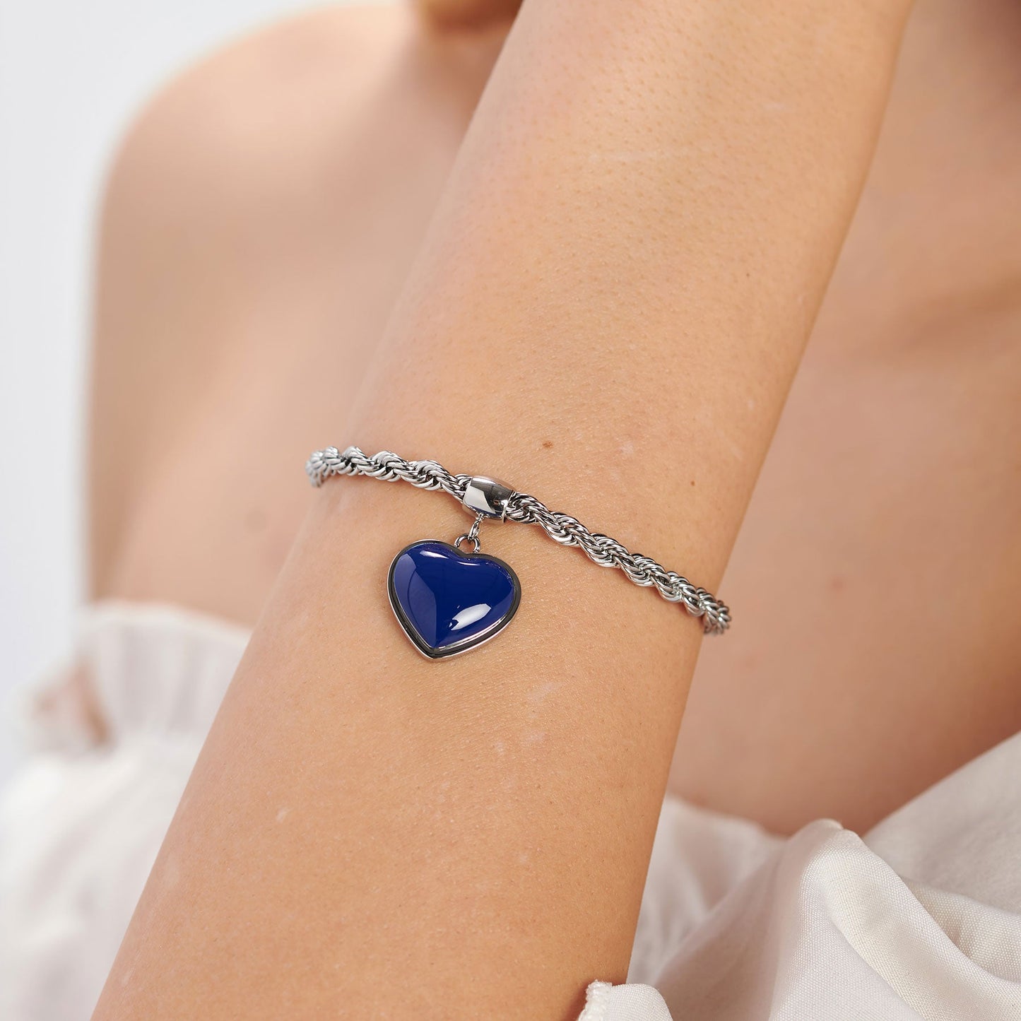 Bracciale Sagapò Madame Acciaio Maglia Fune Charm Cuore Smalto Blu