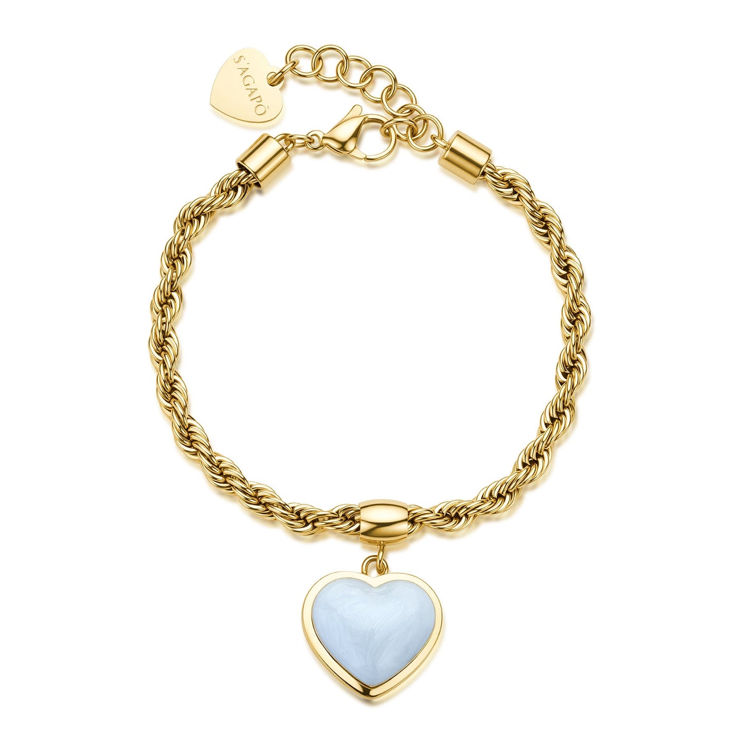 Bracciale Sagapò Madame Acciaio Pvd Oro Maglia Fune Charm Cuore Smalto Bianco Perla