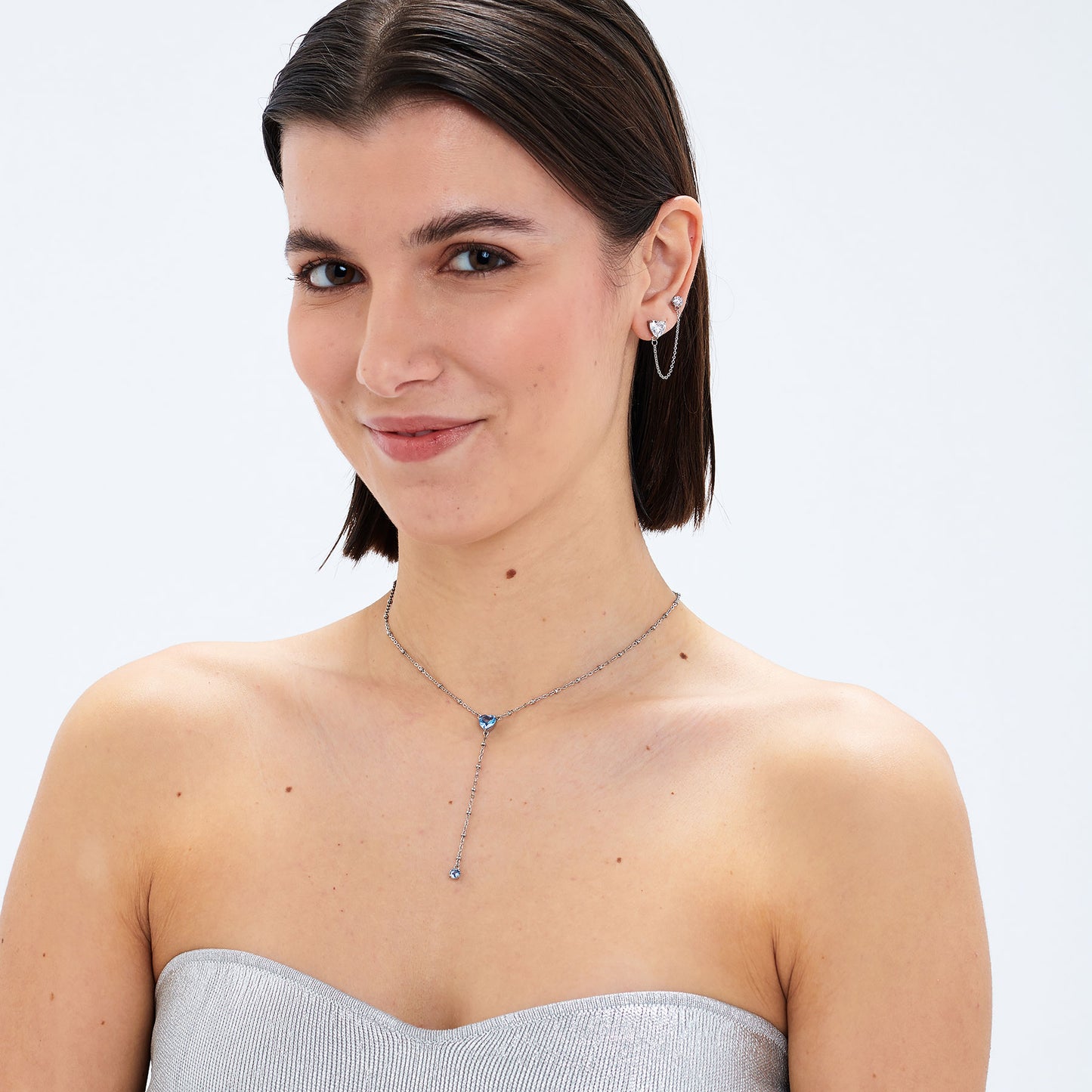 Monorecchino per 2 Fori Sagapò Dazzly Catena Acciaio Cubic Zirconia Cuore