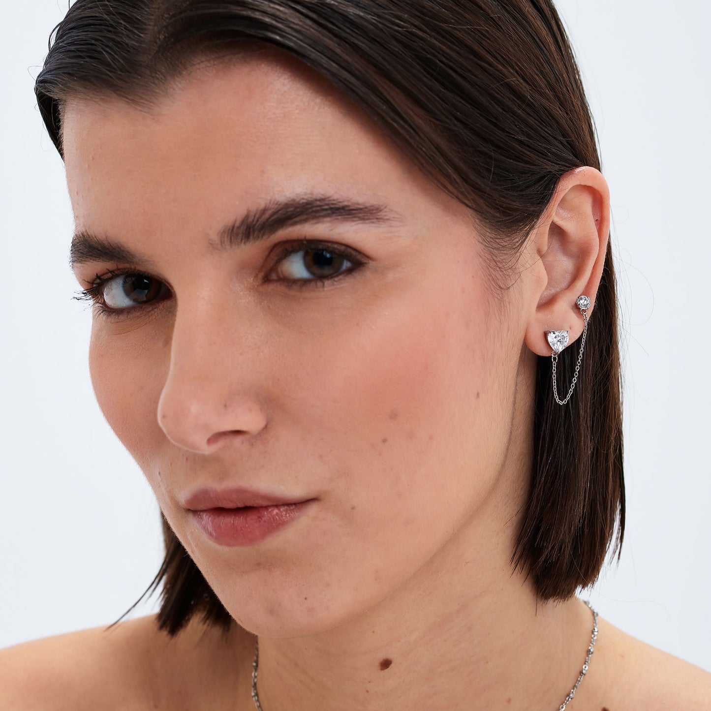 Monorecchino per 2 Fori Sagapò Dazzly Catena Acciaio Cubic Zirconia Cuore