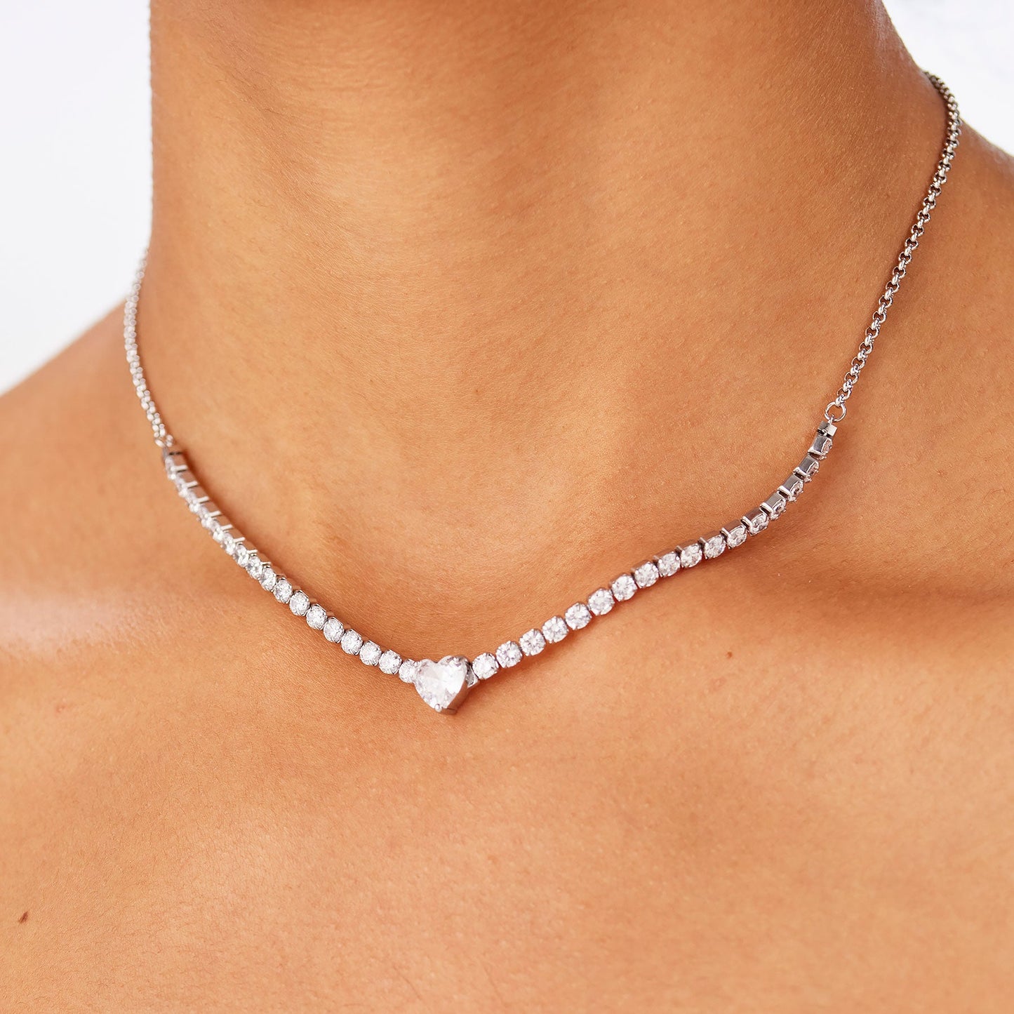 Collana Sagapò Dazzly Acciaio Tennis Cristalli Centrale Taglio Cuore Bianco