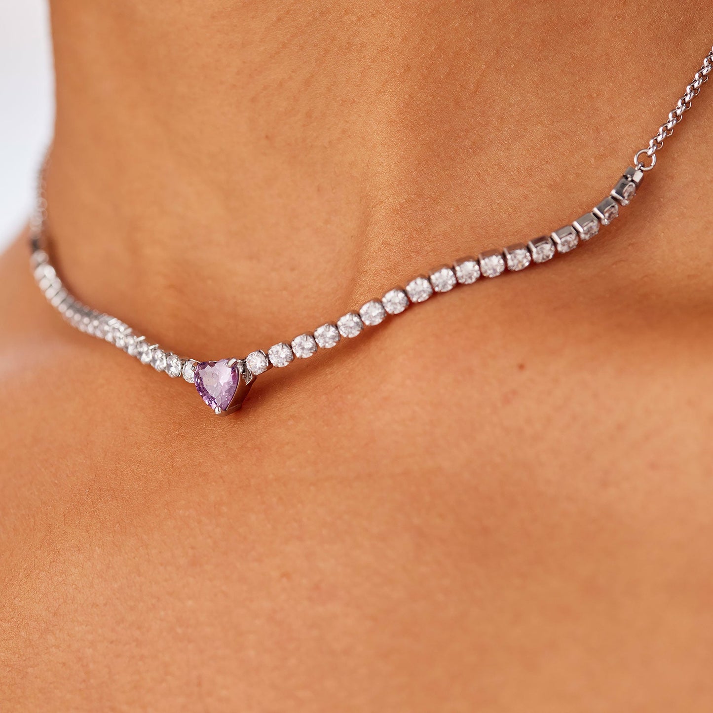 Collana Sagapò Dazzly Acciaio Tennis Cristalli Centrale Taglio Cuore Ametista