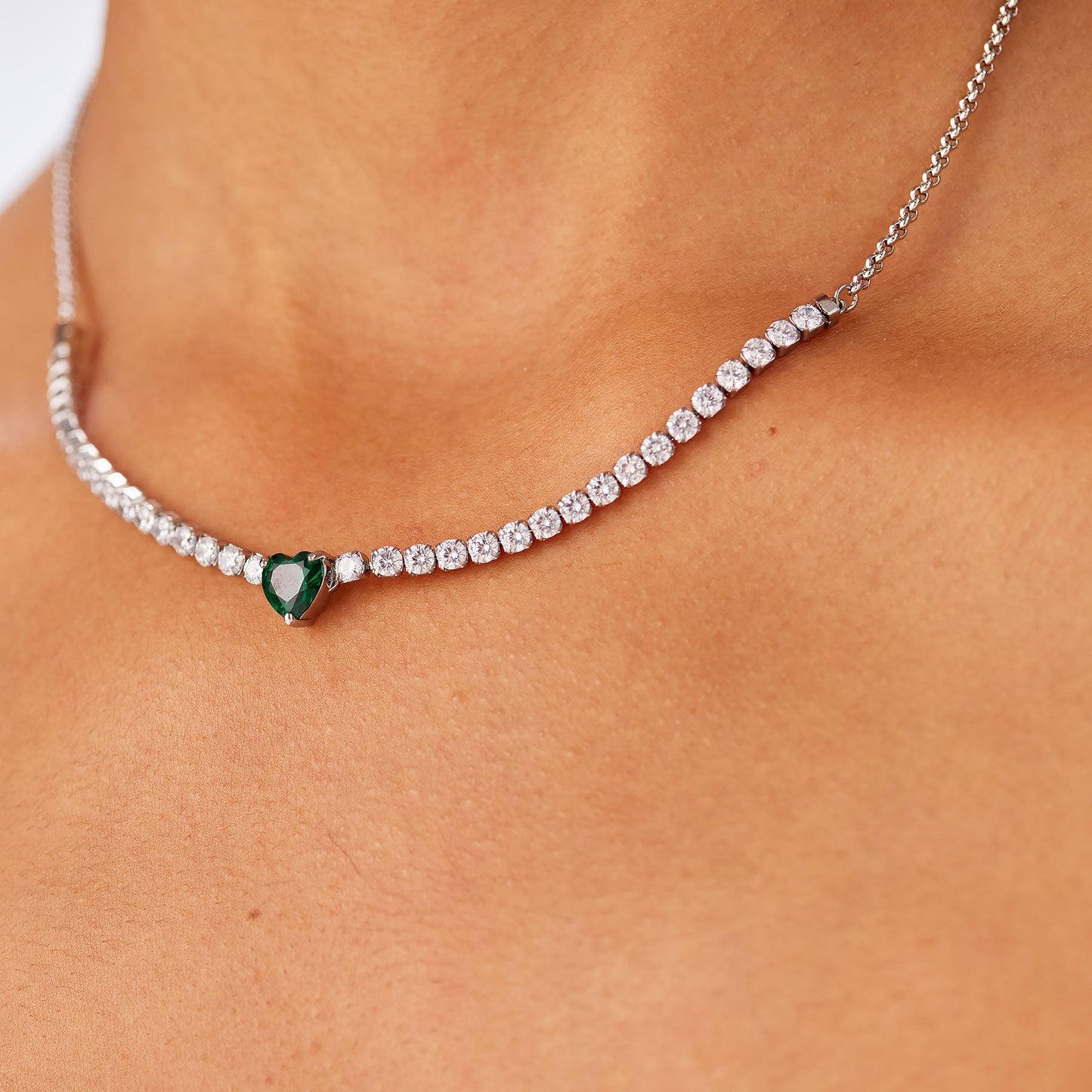 Collana Sagapò Dazzly Acciaio Tennis Cristalli Centrale Taglio Cuore Verde