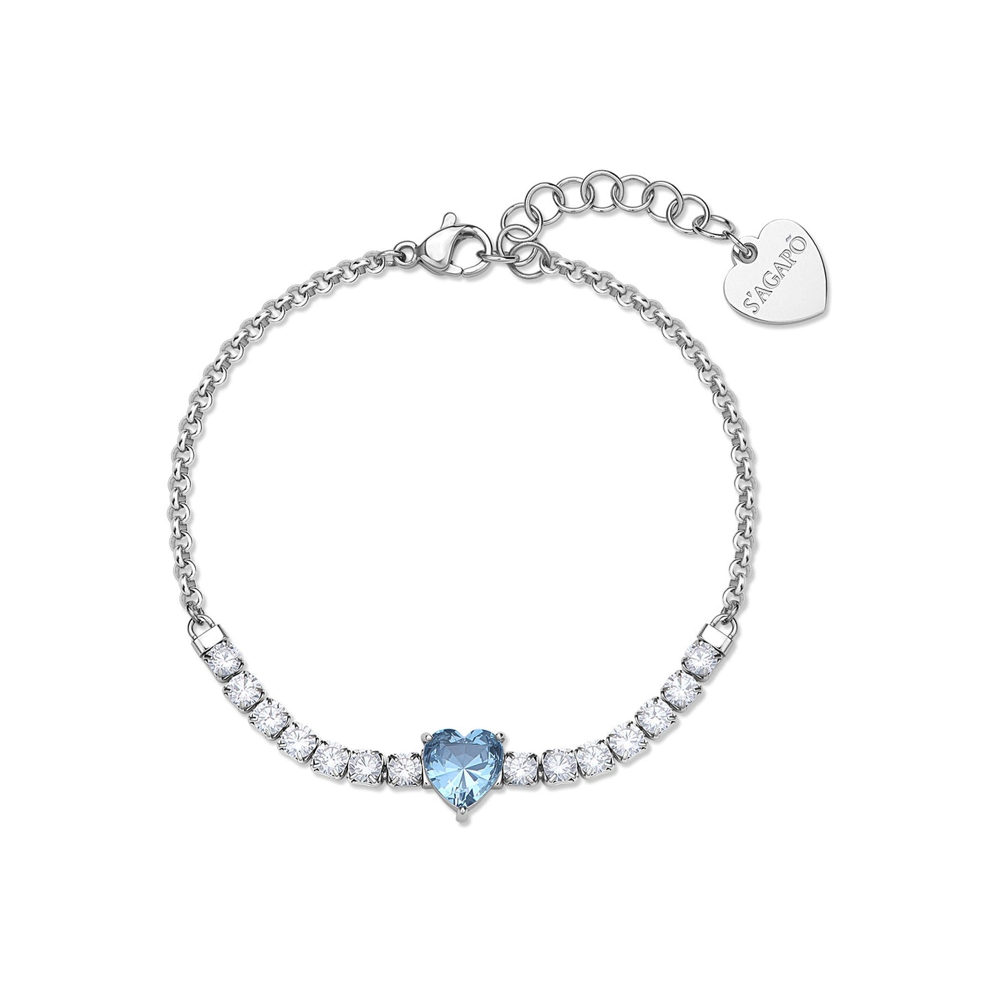 Bracciale Sagapò Dazzly Acciaio Rolò Centrale Tennis Cristalli + Cuore Azzurro