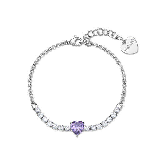 Bracciale Sagapò Dazzly Acciaio Centrale Tennis e Cristallo Cuore Ametista