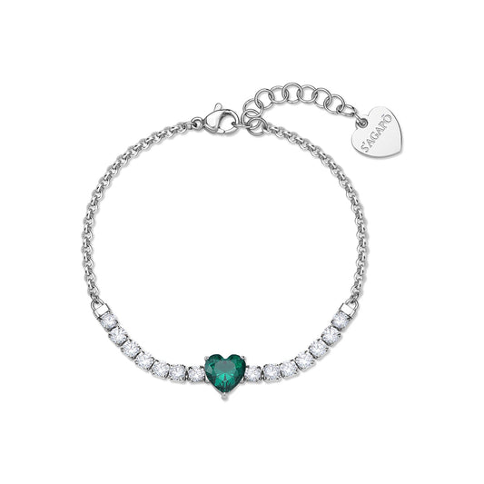 Bracciale Sagapò Dazzly Acciaio Centrale Tennis e Cristallo Cuore Verde
