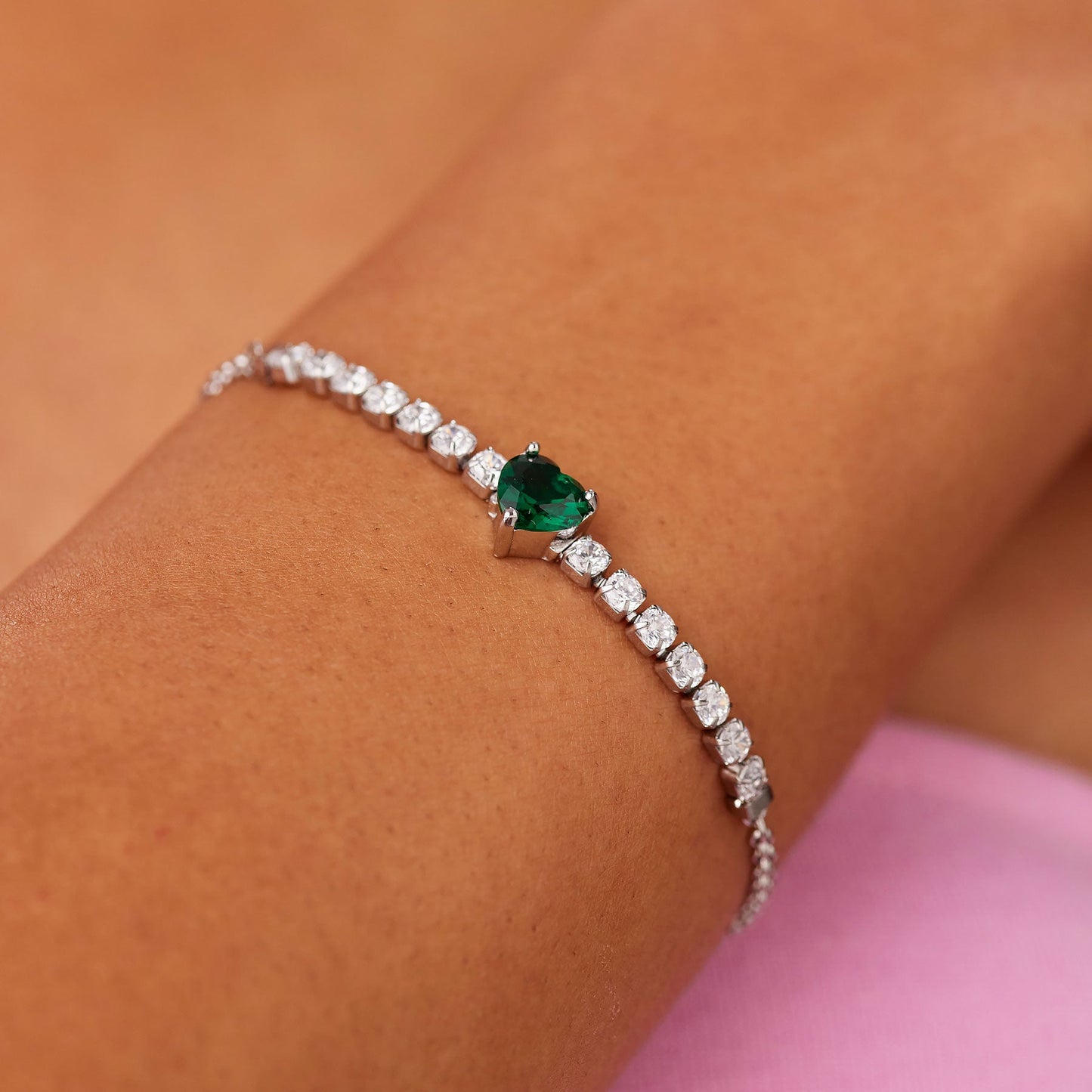 Bracciale Sagapò Dazzly Acciaio Centrale Tennis e Cristallo Cuore Verde