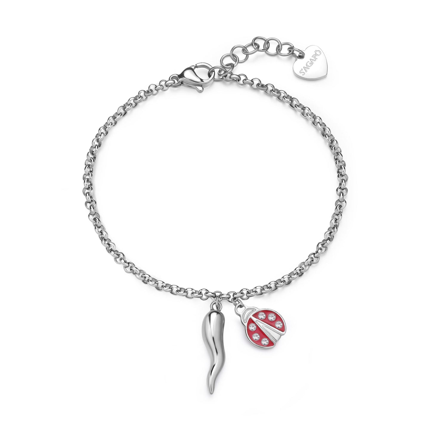 Bracciale Sagapò Feelings Acciaio Pendenti Cornetto e Coccinella Con Smalto Rosso