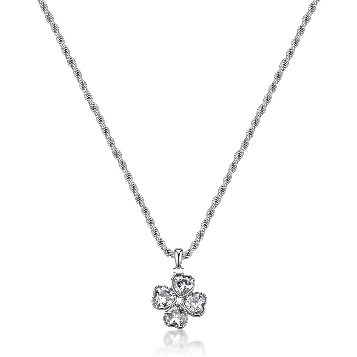 Collana Girocollo Sagapò Feelings Acciaio Catena Maglia Torchon Pendente Quadrifoglio Grande Cubic Zirconia