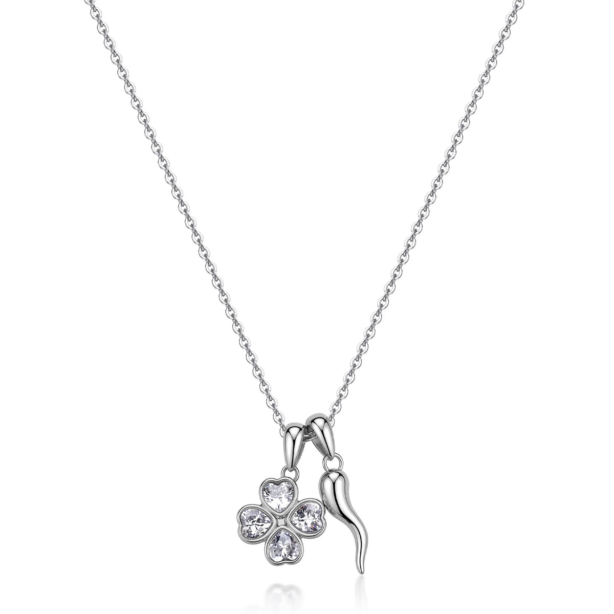Collana Sagapò Feelings Acciaio Catena Maglia Forzatina Pendente Cornetto + Quadrifoglio Cubic Zirconia