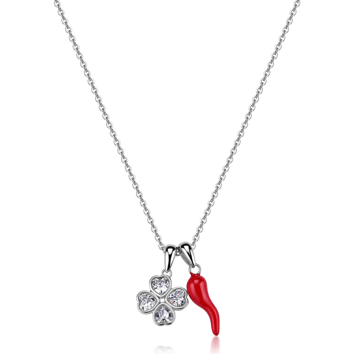 Collana Sagapò Feelings Acciaio Catena Maglia Forzatina Pendente Cornetto Rosso + Quadrifoglio Cubic Zirconia