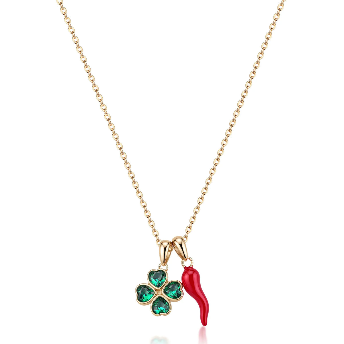 Collana Sagapò Feelings Acciaio Pvd Oro Catena Maglia Forzatina Pendente Cornetto Rosso + Quadrifoglio Cubic Zirconia Verdi