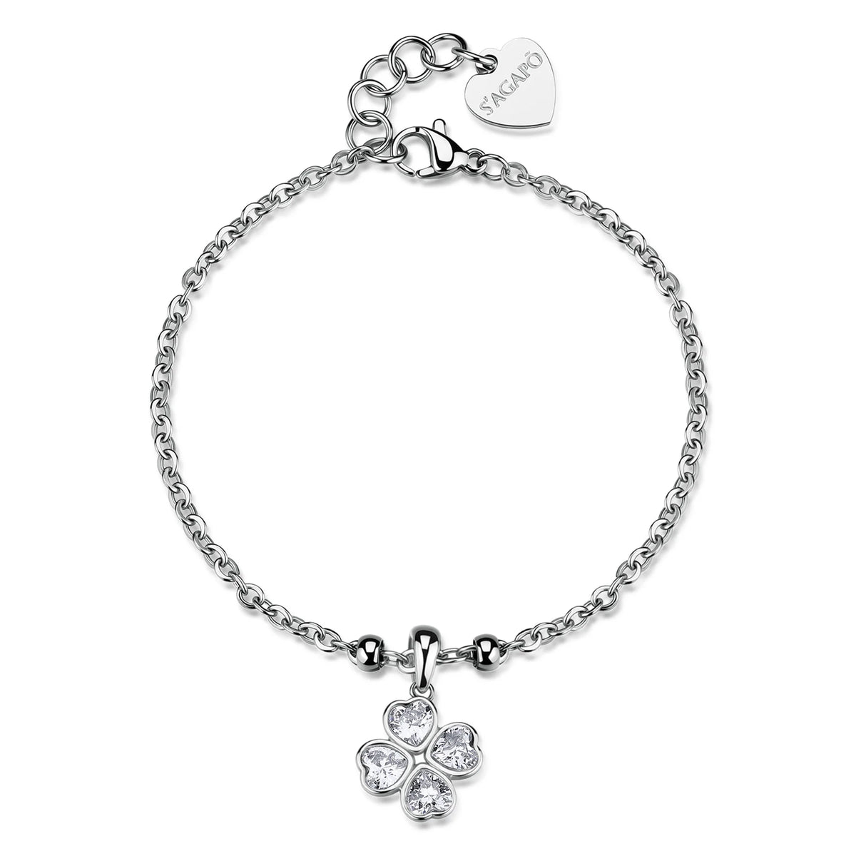 Bracciale Sagapò Feelings Acciaio Catena AMaglia Forzatina Con Pendente Forma Di Quadrifoglio Cubic Zirconia