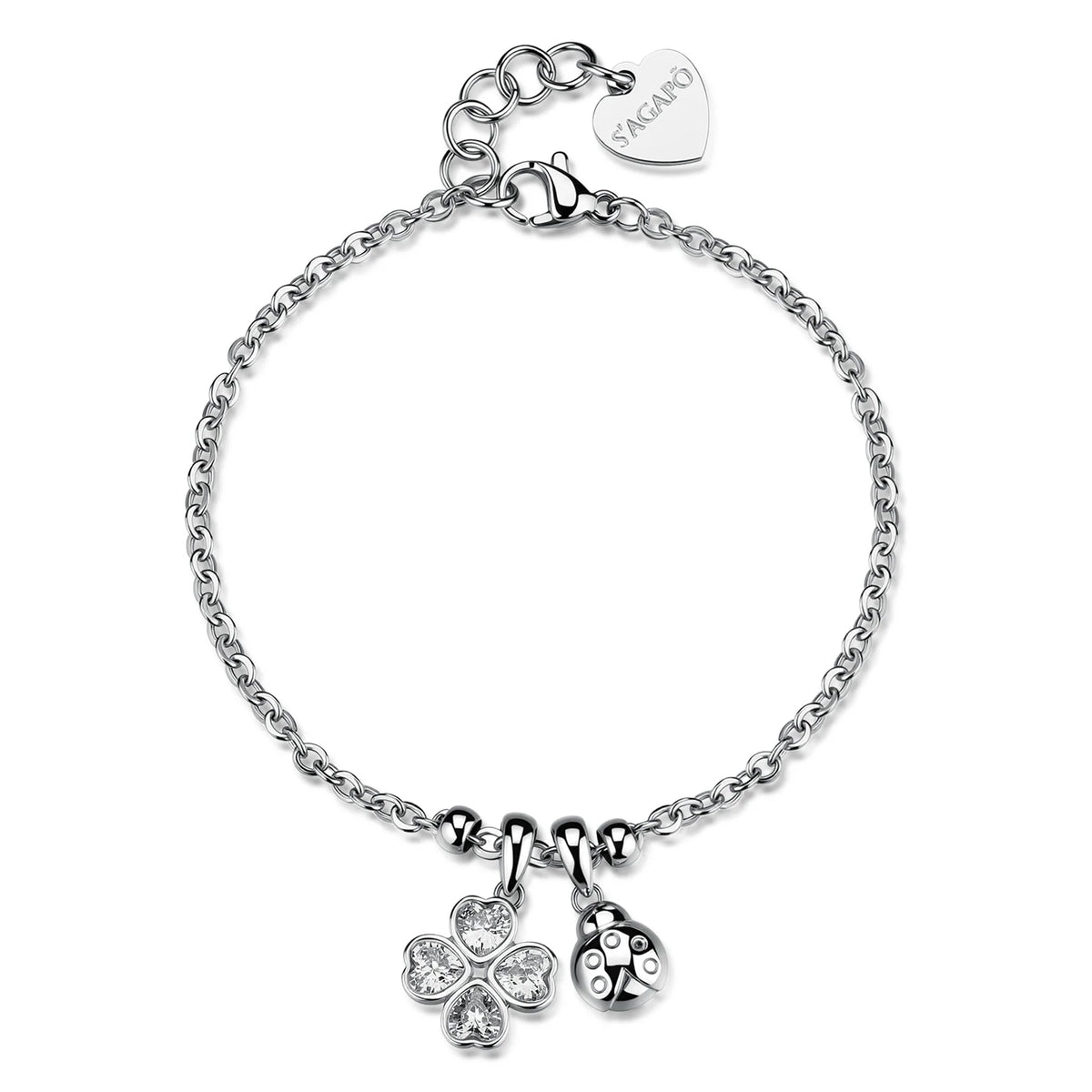 Bracciale Sagapò Feelings Acciaio Catena Maglia Forzatina Con Pendente Forma Di Coccinella E Quadrifoglio Cubic Zirconia