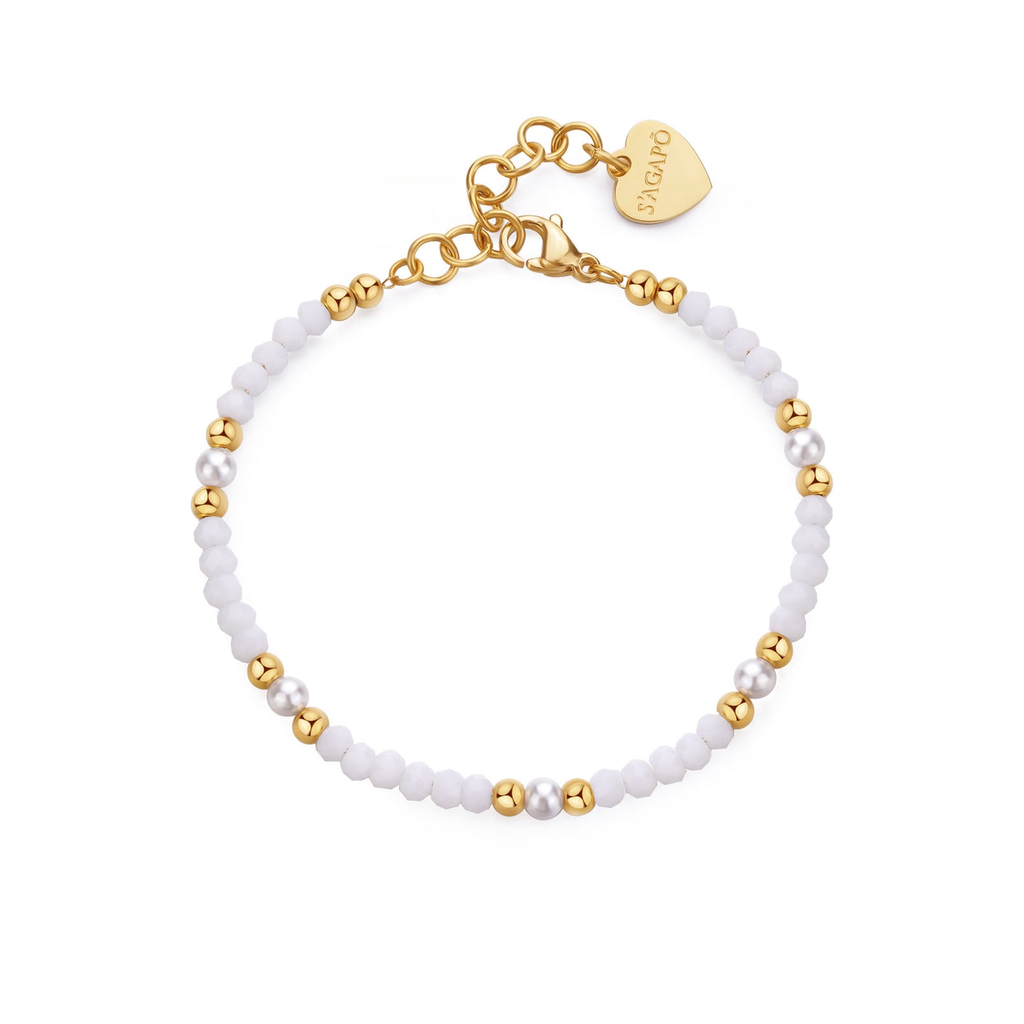 Bracciale Sagapò Glint Bracciale Pvd Oro Vetro Bianco E Perle