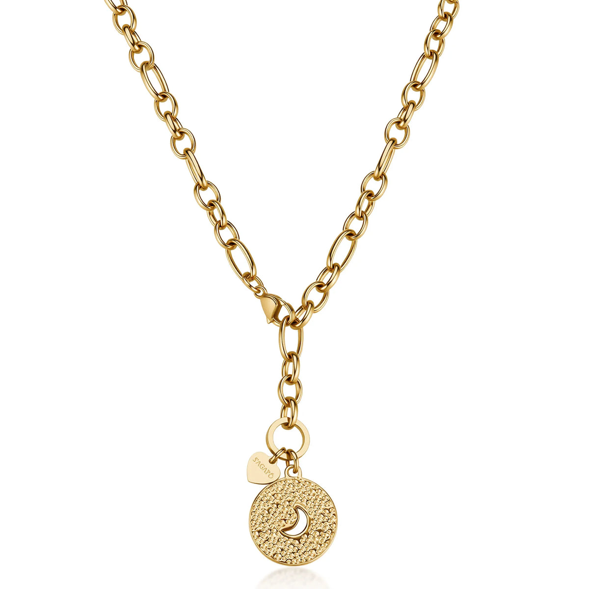 Collana A Y Sagapò Gipsy Acciaio Pvd Oro Catena Maglia Figaro Pendente Martellato con Simbolo Della Luna