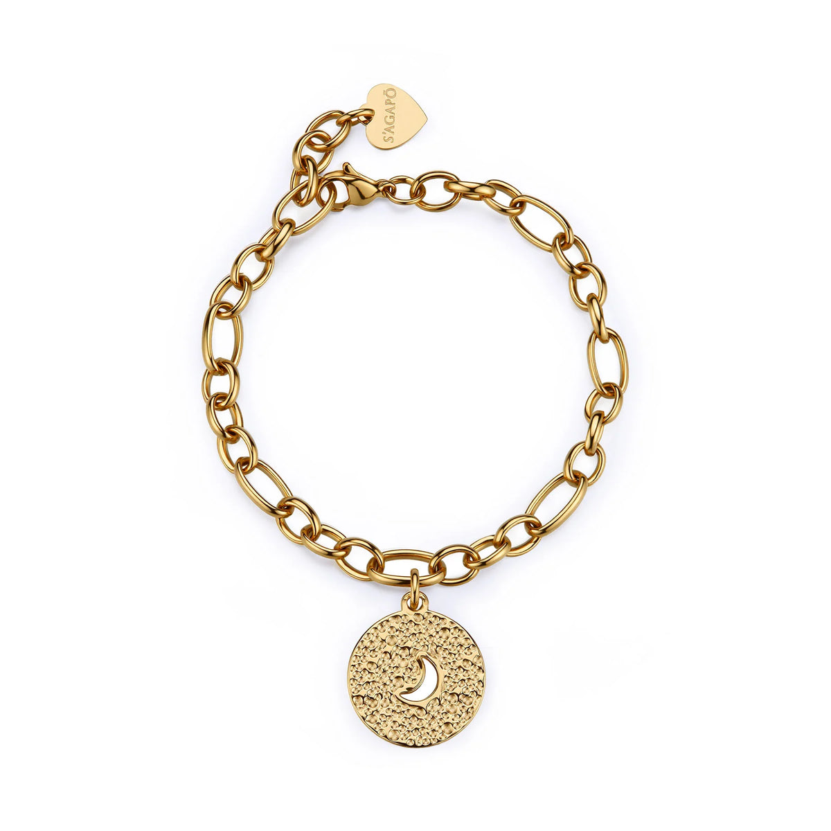 Bracciale Sagapò Gipsy Acciaio Pvd Oro Catena Maglia Figaro Pendente Martellato + Simbolo Della Luna