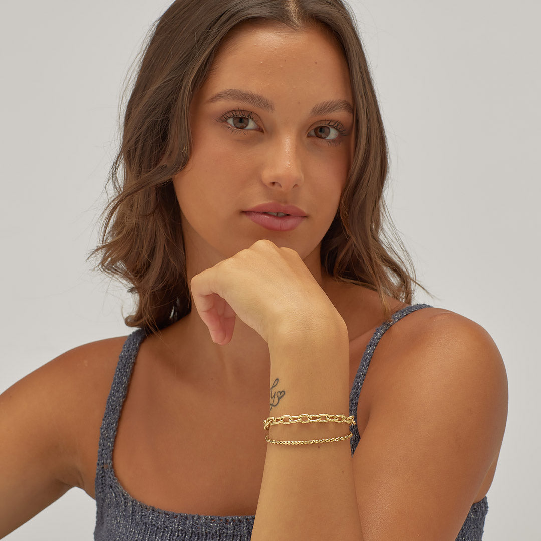 Bracciale Sagapò Chunky Bracciale A 2 Fili Pvd Oro Uno Catena Spiga 1 Catena A Maglia Rigata