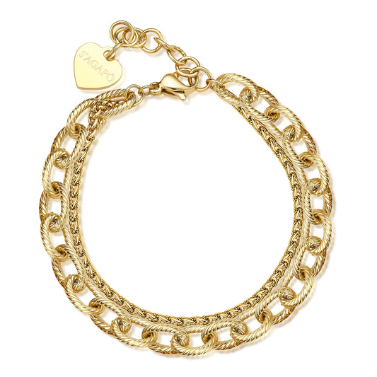 Bracciale Sagapò Chunky Bracciale A 2 Fili Pvd Oro Uno Catena Spiga 1 Catena A Maglia Rigata