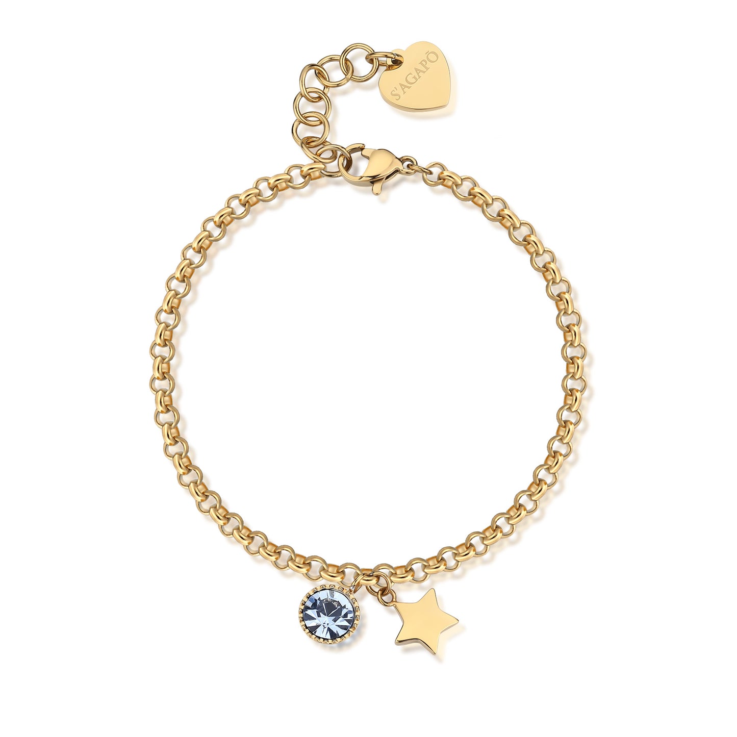 Bracciale Sagapò Lucky Light Pvd Oro Charms Stella e Cristallo Celeste