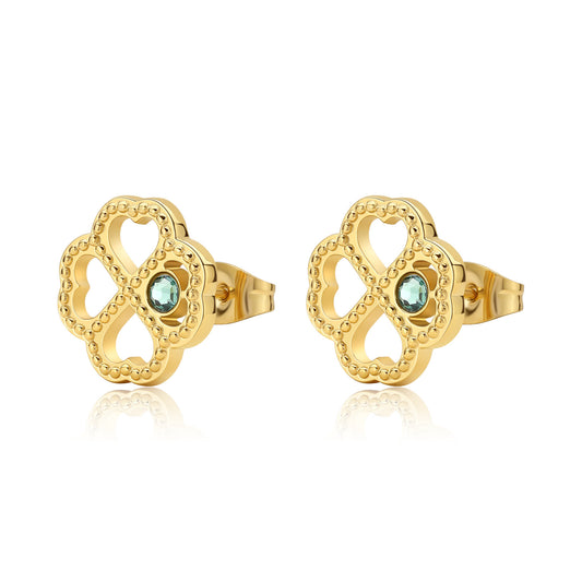 Orecchini Sagapò Lucky Light Orecchini Lobo Pvd Oro Quadrifoglio Traforato Lavorato Con Cristallo Verde