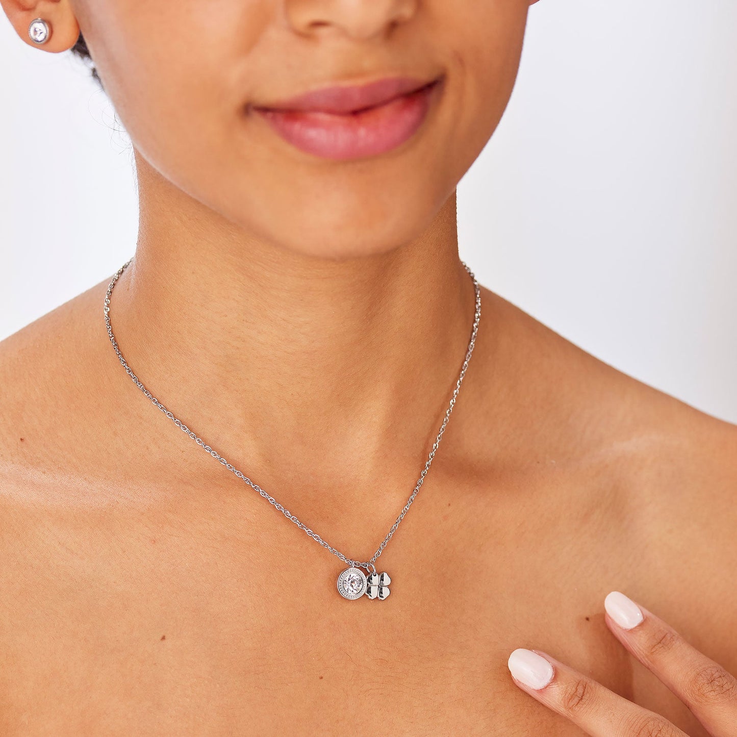 Collana Sagapò Lucky Light Acciaio Punto Luce Cristallo e Quadrifoglio