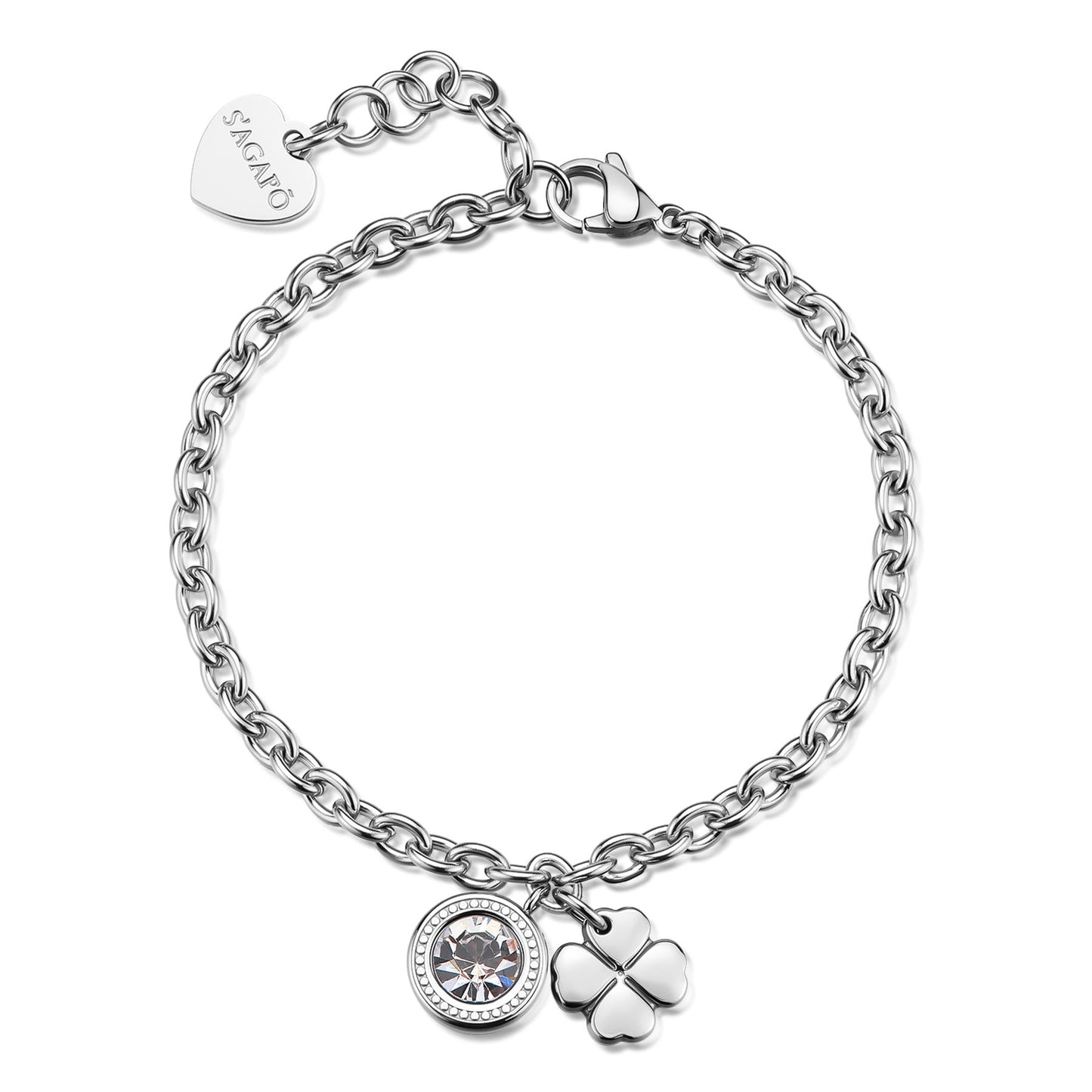 Bracciale Sagapò Lucky Light Acciaio Charms Punto Luce E Quadrifoglio