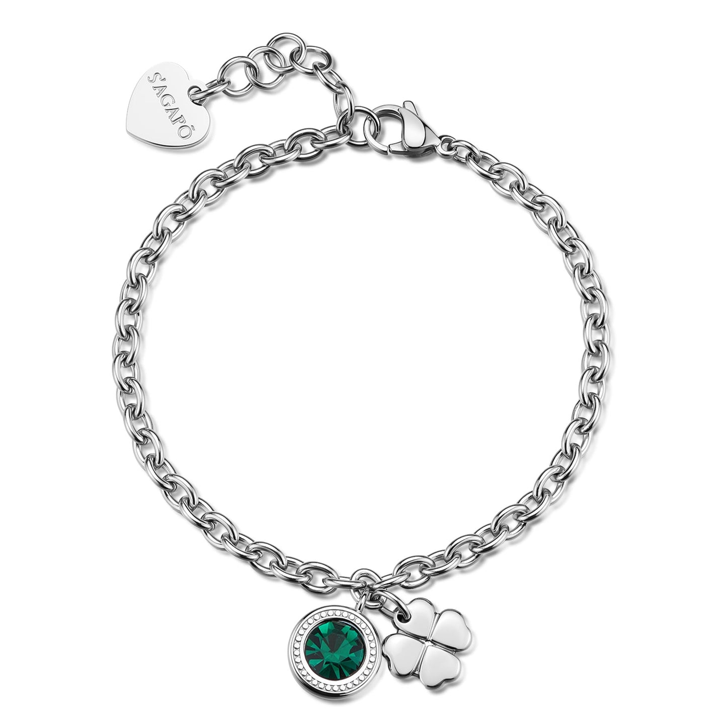Bracciale Sagapò Lucky Light Acciaio Charms Punto Luce Verde E Quadrifoglio