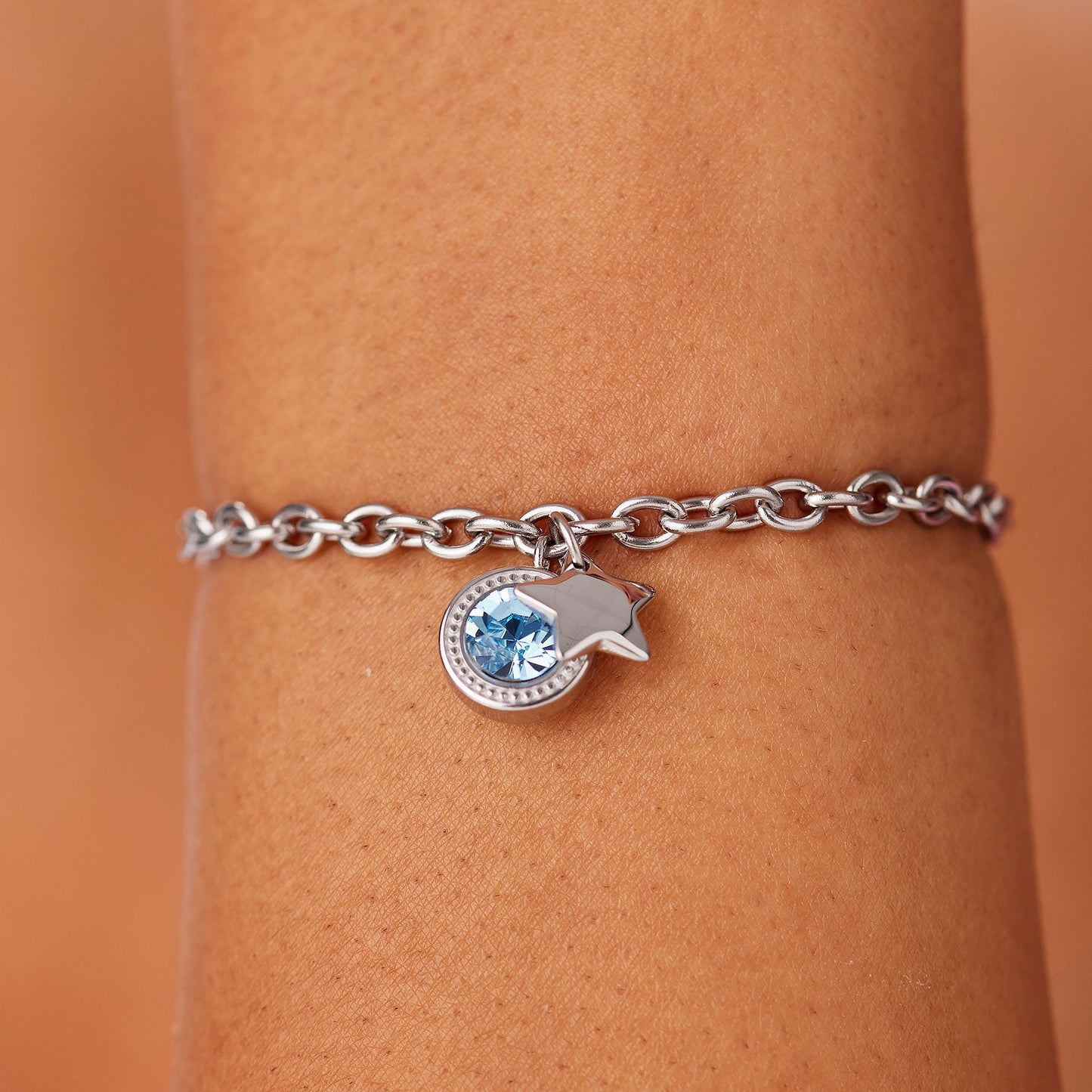 Bracciale Sagapò Lucky Light Acciaio Charms Punto Luce Azzurro E Stella