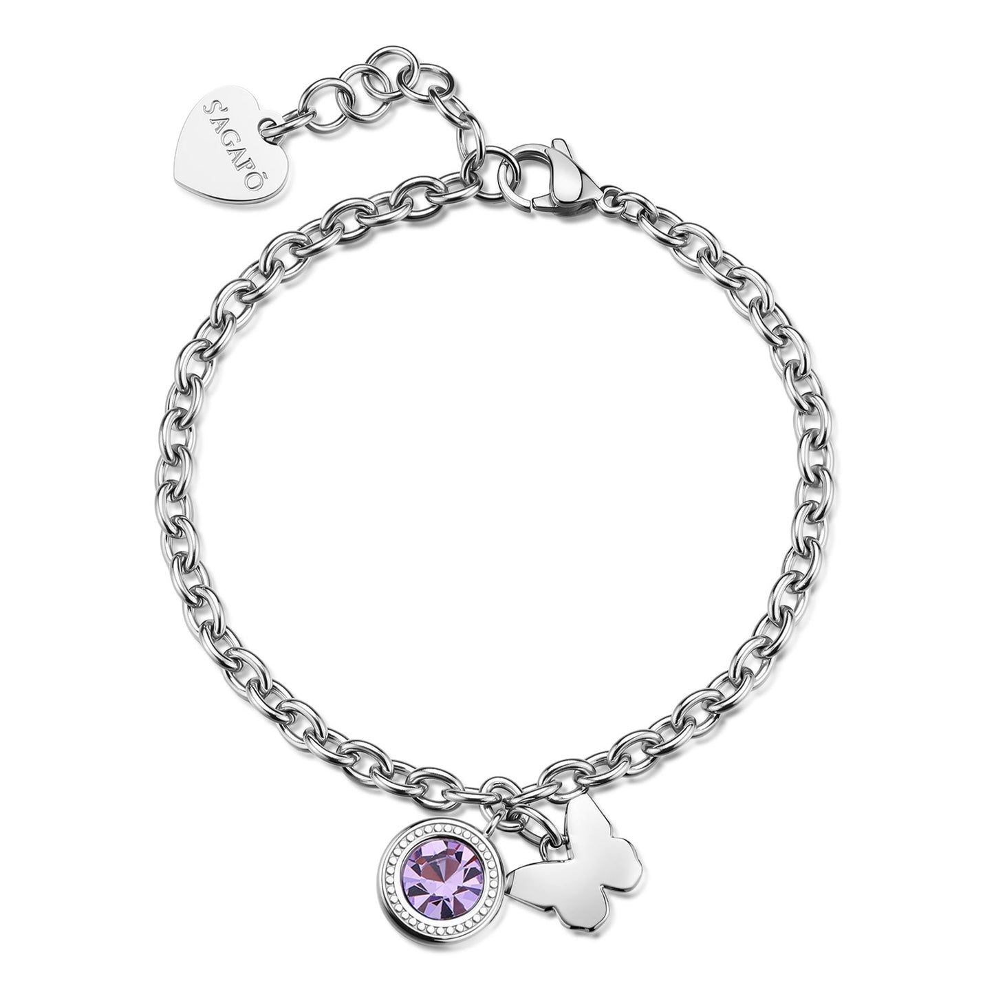 Bracciale Sagapò Lucky Light Acciaio Charms Punto Luce Lilla E Farfalla