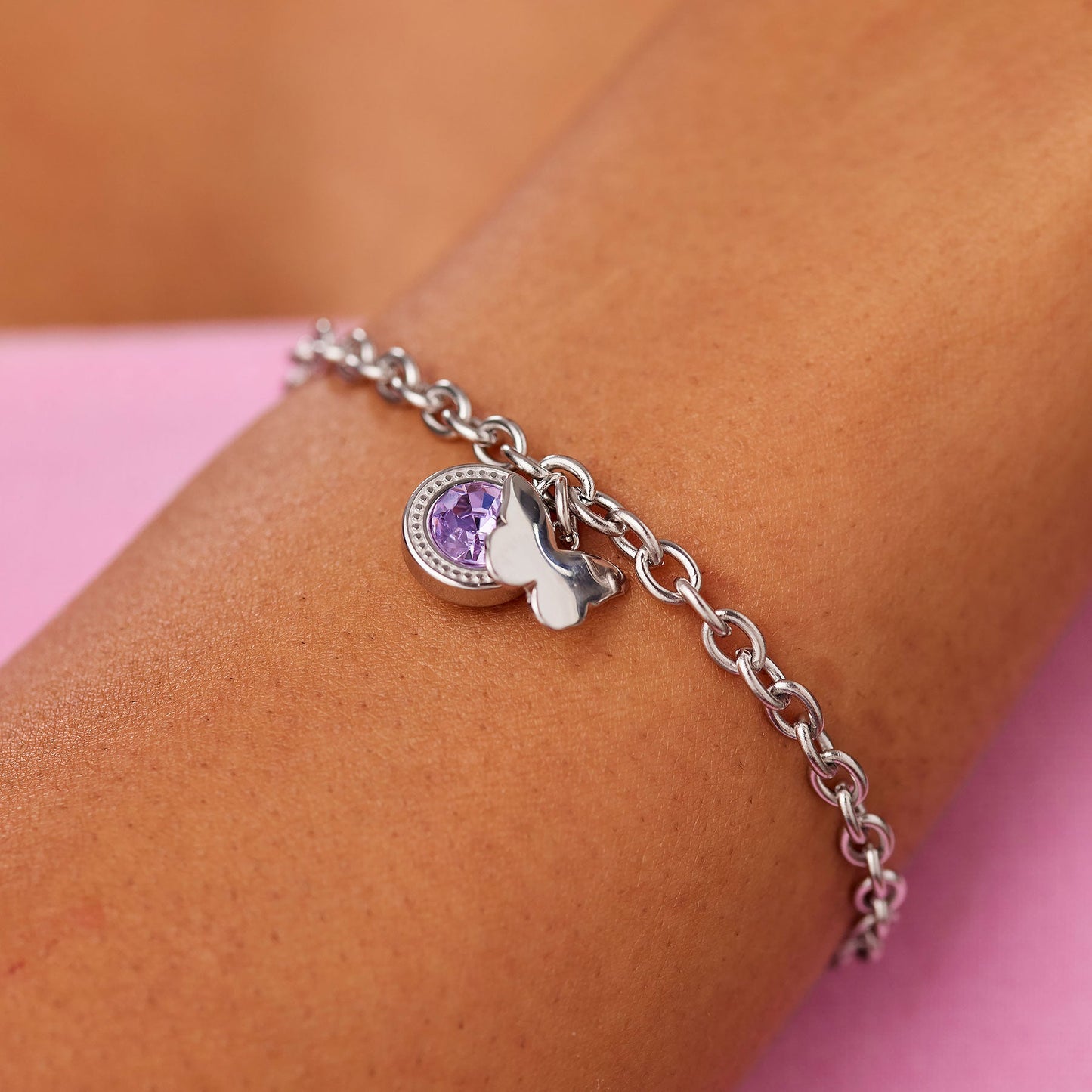 Bracciale Sagapò Lucky Light Acciaio Charms Punto Luce Lilla E Farfalla