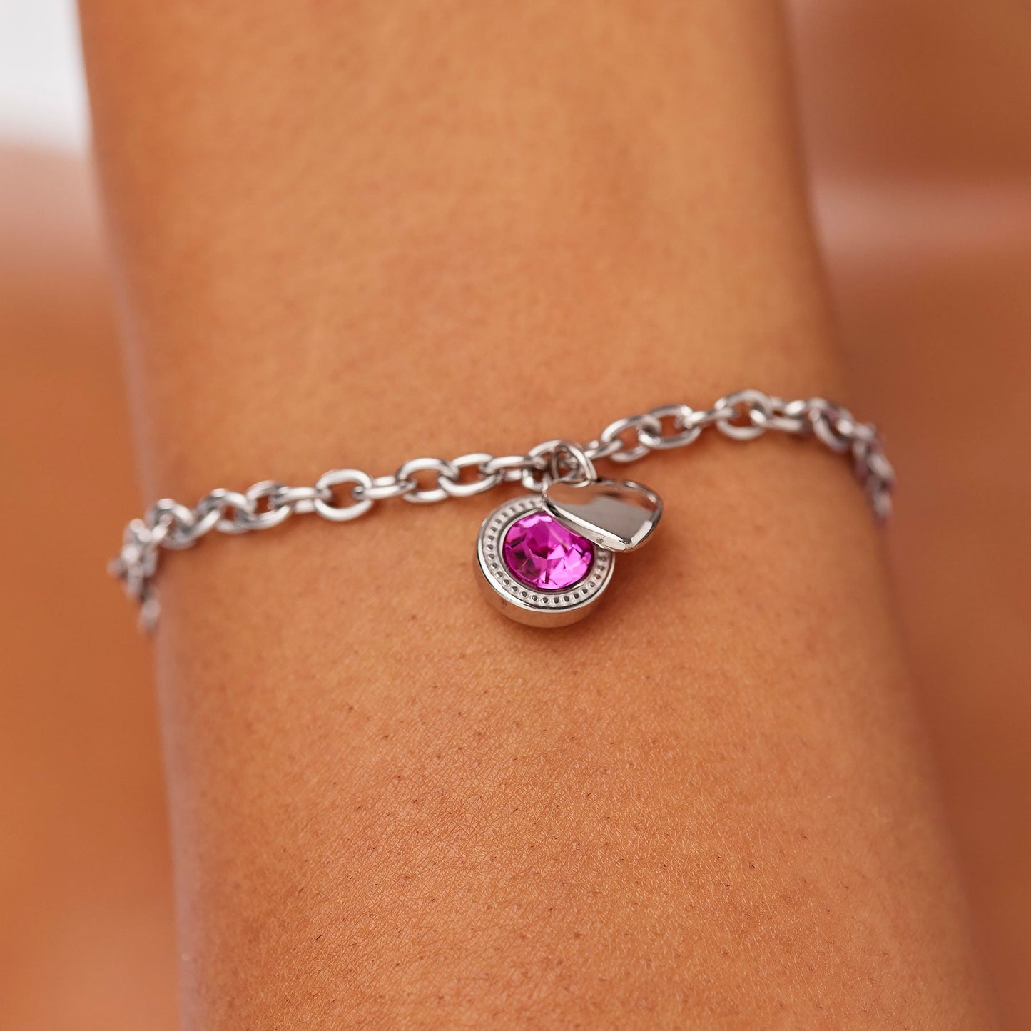 Bracciale Sagapò Lucky Light Acciaio Charms Punto Luce Fucsia E Cuore