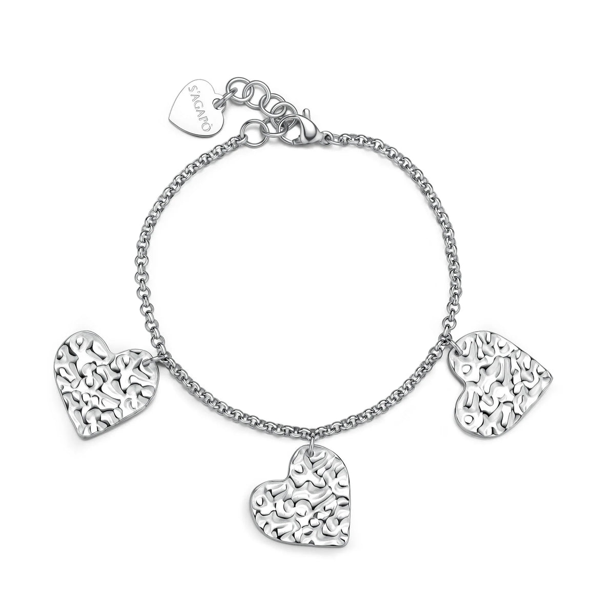 Bracciale Sagapò Emotion Acciaio Catena A Maglia Rolò 3 Cuori Texture Martellata Mm.185 Regolabile