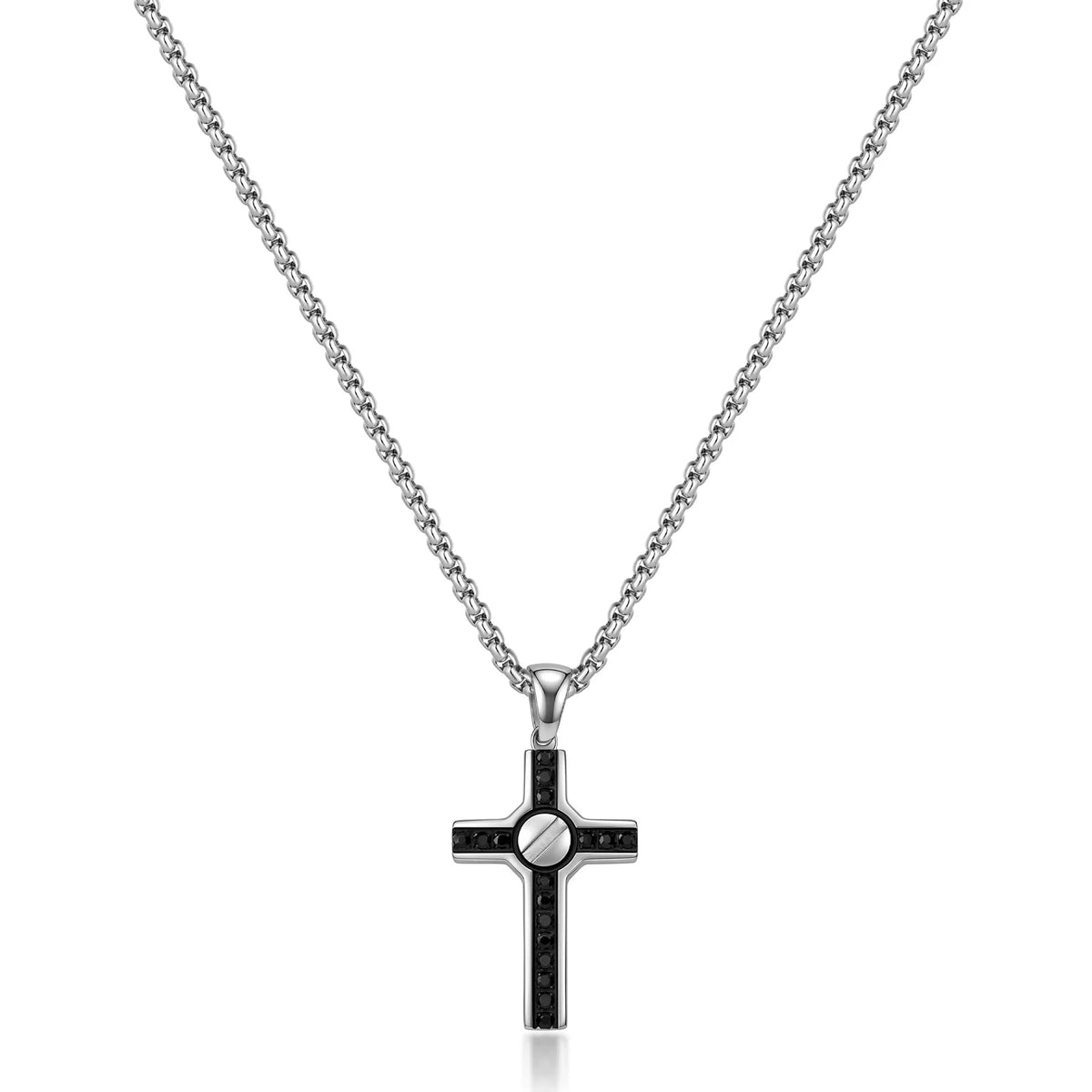 Collana Sagapò Proud Acciaio Catena A Maglia Veneziana Pendente Croce Pvd Nero E Cristalli Neri + Vite Centrale