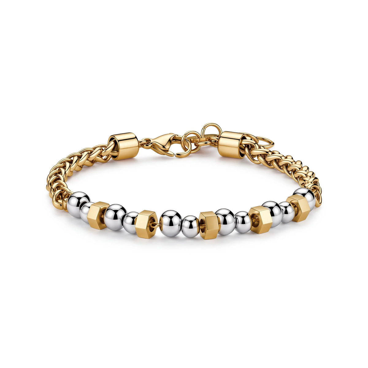 Bracciale Sagapò Acciaio Pvd Oro Catena Maglia a Spiga con Centrali Sfere Silver ed Elementi esagonali