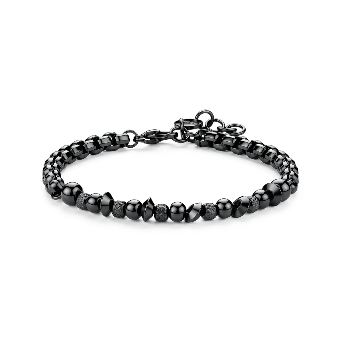 Bracciale Sagapò Riot In Acciaio Pvd Nero Catena A Maglia Veneziana Con Sfere, Rondelle Ed Elementi Puntinati