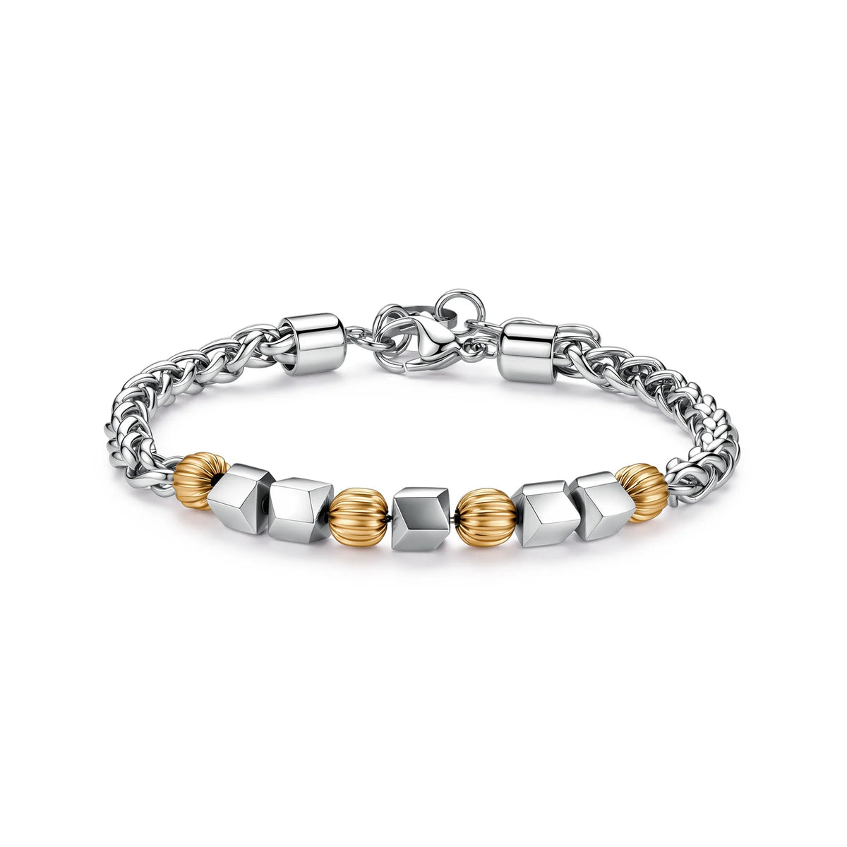 Bracciale Sagapò Riot Acciaio Catena Maglia A Spiga Centrali Sfere Pvd Oro Lavorate E Dadi Esagonali