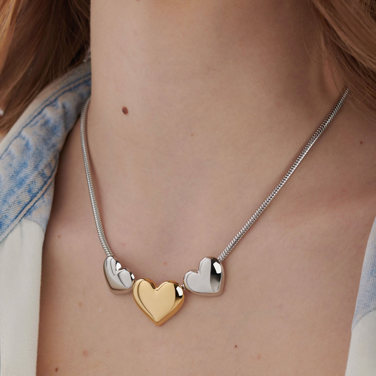Collana Sagapò Stellar Acciaio Maglia Coda Di Topo 3 Cuori Bombati Centrale Pvd Oro